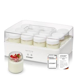 Cloer 9921 Yaourtière pour 12 pots, chacun 150 ml de capacité, pour yaourts et ferments, minuterie, 8 à 14 heures, boîtier en plastique blanc, 17 W, couvercle transparent